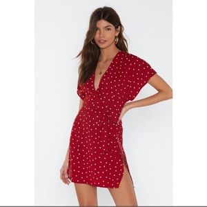 Nasty Gal Call In Slick Mini heart print red and white deep v neck belted Dress
